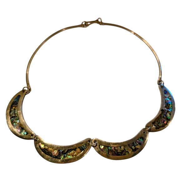 Gold Tone Stamped Alpaca Alloy Inlaid Abalone Scalloped Collar Bib Necklace